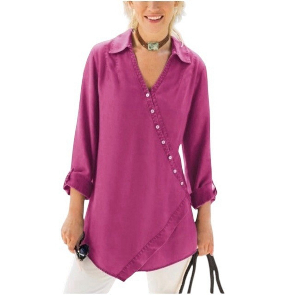 Soft Surroundings Shirt Women’s XS Purple Washed Tencel Tunic Button Front Wrap‎